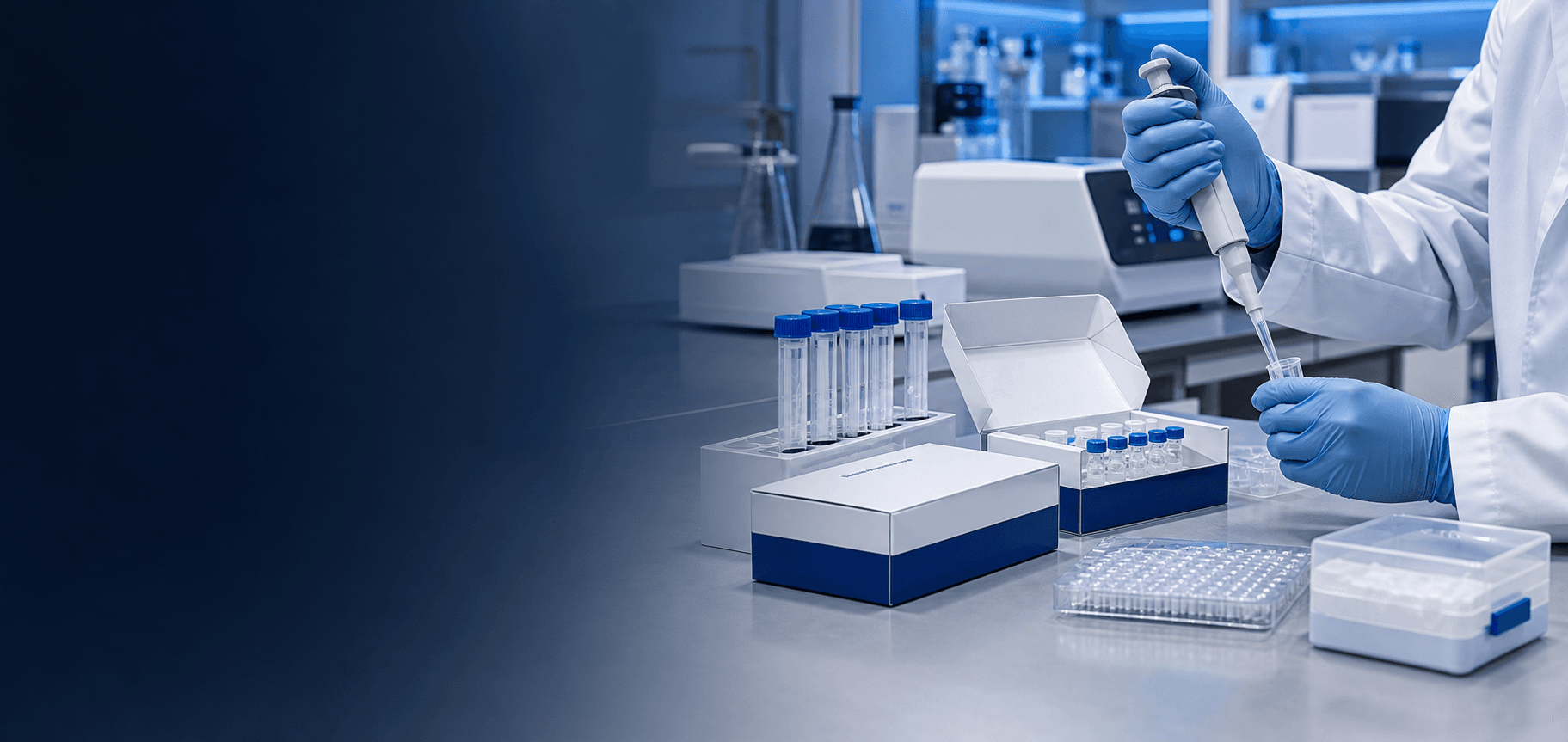 Bancada de laboratorio com pipeta, tubos de amostra e kits de teste para controle de qualidade.